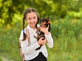 Schulmädchen und Chihuahua in der Natur. Haustier und Mädchen foto