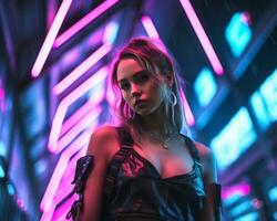 ein Foto von ein Mädchen im ein neonbeleuchtet Cyberpunk Kleidung im ein futuristisch Stadtbild beim Nacht ai generativ