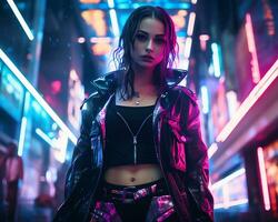 ein Foto von ein Mädchen im ein neonbeleuchtet Cyberpunk Kleidung im ein futuristisch Stadtbild beim Nacht ai generativ