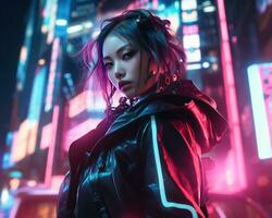 ein Foto von ein Mädchen im ein neonbeleuchtet Cyberpunk Kleidung im ein futuristisch Stadtbild beim Nacht ai generativ