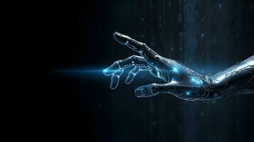 Cyborg Hand auf dunkel Hintergrund berühren Bildschirm mit Finger foto