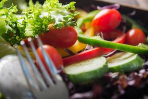 Nahaufnahme frischer Salat, Tomate, Gurke, Paprika foto