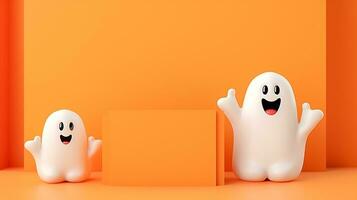 Halloween Hintergrund mit süß 3d Geist, Kürbis Geschenk Box auf ein Sockel leeren Raum. ai generiert foto