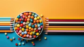 Schule liefert Schreibwaren, Farbe Bleistifte, malt, Papier auf Pastell- Orange Hintergrund, zurück zu Schule Konzept mit kostenlos Kopieren Raum zum Text foto