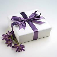 ein Weiß Geschenk Box mit ein lila Blume auf es und ein lila Band - - ai generativ foto