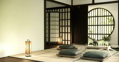 Zen Zimmer Innere mit niedrig Tabelle und Kissen auf Tatami Matte im hölzern Zimmer japanisch Stil. foto