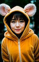 Foto von Frau tragen kawaii Tier Kigurum Jacke Kapuzenpullover , generativ ai