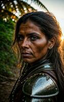 Foto von wild Stammes- Frau tragen Rüstung im das Dschungel, generativ ai