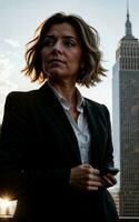 Foto von ernst Büro Arbeiten Frau mit hoch erhebt euch Gebäude im Hintergrund, generativ ai