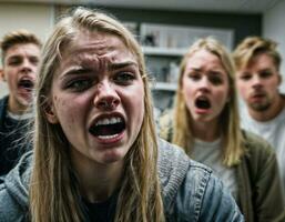 Foto von wütend Mädchen Teenager im Schule, generativ ai