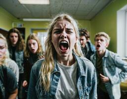 Foto von wütend Mädchen Teenager im Schule, generativ ai