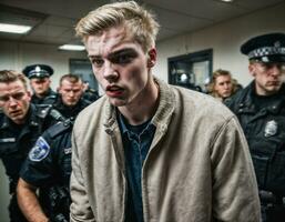 Foto von wütend Junge Teenager unter Steuerung mit Polizei, generativ ai