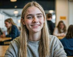 Foto von glücklich Mädchen Teenager im Kantine Schule, generativ ai