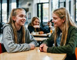 Foto von glücklich Mädchen Teenager im Kantine Schule, generativ ai