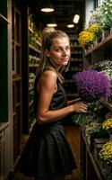 Foto von Frau wie ein Florist Blume speichern, generativ ai