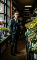 Foto von Mann wie ein Florist Blume speichern, generativ ai