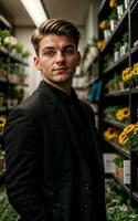 Foto von Mann wie ein Florist Blume speichern, generativ ai