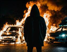 Foto von Mann tragen Kapuzenpullover Jacke im Vorderseite von Verbrennung Auto Startseite mit Feuer, generativ ai