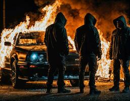 Foto von Mann tragen Kapuzenpullover Jacke im Vorderseite von Verbrennung Auto Startseite mit Feuer, generativ ai