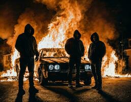 Foto von Mann tragen Kapuzenpullover Jacke im Vorderseite von Verbrennung Auto Startseite mit Feuer, generativ ai