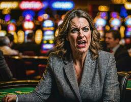 Foto von wütend und verärgert Spieler Frau im Kasino, generativ ai