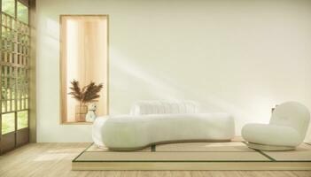 minimalistisch japandi Stil Leben Zimmer dekoriert mit Sofa. foto