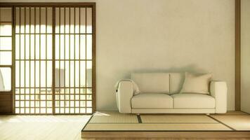 minimalistisch japandi Stil Leben Zimmer dekoriert mit Sofa. foto