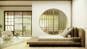 Japan Stil leeren Zimmer dekoriert mit hölzern Bett, Weiß Mauer und hölzern Mauer. foto
