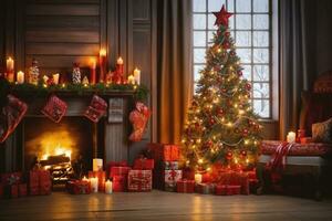 Innere Weihnachten. Magie glühend Baum, Kamin und Geschenke. generativ ai. foto
