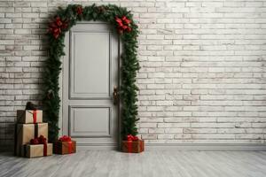 stilvoll Flur Innere mit dekoriert Tür und Weihnachten Geschenke, Raum zum Text. generativ ai. foto
