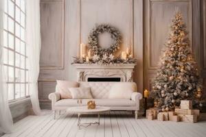 stilvoll Innere von Leben Zimmer mit schön Weihnachten Baum und Kamin. generativ ai. foto