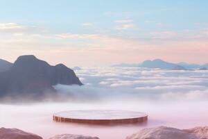 surreal Stein Podium draußen auf Wolken im Sanft Blau Himmel Rosa Pastell- neblig Berg Natur Landschaft.Schönheit kosmetisch Produkt Platzierung Sockel Geschenk Anzeige, Feder Sommer- Paradies. generaiv ai. foto