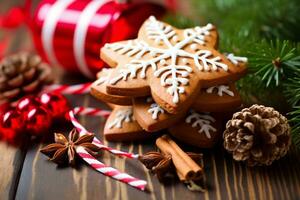 Weihnachten Kekse mit festlich Dekoration. generativ ai. foto