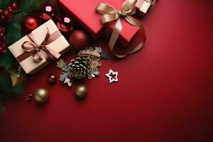 Weihnachten Geschenk Kisten, Samt Bänder, Rollen von Verpackung Papier und Dekorationen auf rot Hintergrund. generativ ai. foto
