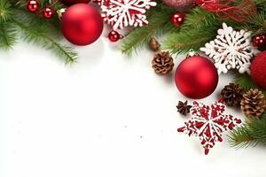 Weihnachten immer noch Leben. rot Spielzeuge, Fichte Geäst und dekorativ Weihnachten Ornamente auf ein Weiß Hintergrund. generativ ai. foto