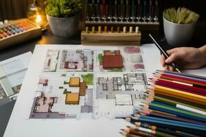 oben Aussicht von Architekten Hände Zeichnung von modern Haus mit Material Stichprobe auf kreativ Schreibtisch. generativ ai. foto