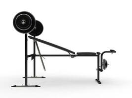 Neigung Fitnessstudio Bank mit Hantel Gewicht und zusätzlich Gewicht Platten - - Seite Aussicht - - auf Weiß foto