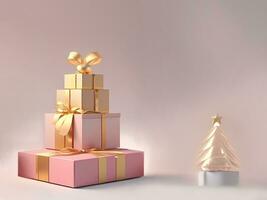Weihnachten Licht Hintergrund mit Stapel von schön golden Geschenk Box mit Schleife. Banner Vorlage, Karten mit leeren Kopieren Raum zum Werbung von speichern, Urlaub Rabatte, Neu Jahre Verkauf. ai generiert foto