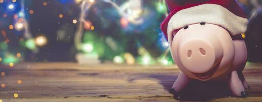 Sparschwein mit Santa claus Deckel gegen dekoriert Weihnachten Baum. Weihnachten Einkaufen. Speichern Geld zum Weihnachten. vorweihnachtlich Ausgaben Konzept foto