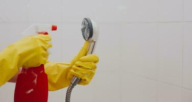 Frau im Gummi Handschuhe Reinigung das Dusche Kopf foto