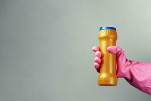 weiblich Hand im Gummi Handschuhe halten Reinigung liefern oder Desinfektionsmittel Flasche foto