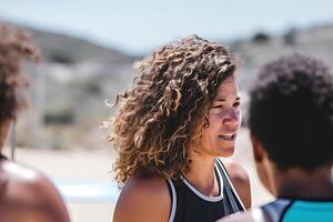 jung Frau Lachen mit freunde auf das Strand. generativ ai foto