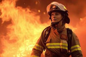 mutig weiblich Feuerwehrmann kämpfen Flammen. generativ ai foto