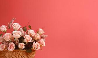 ein Strauß von Rosen im ein Stroh Korb auf ein rot Hintergrund. erstellt durch generativ ai Werkzeuge foto