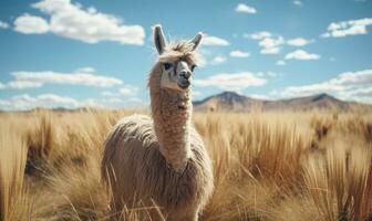 Nahansicht Lama steht hoch im ein riesig bolivianisch Feld. erstellt durch ai foto