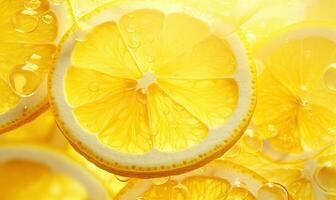 Nahansicht von ein leuchtend Zitrone Scheibe, ausstrahlen Frische gegen ein beschwingt Hintergrund. erstellt durch ai foto