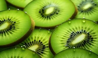 Nahansicht von saftig Kiwi Scheiben geschmückt mit Wasser Tröpfchen. erstellt durch ai foto