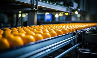 beschwingt Orangen auf ein Förderer Gürtel im ein Fabrik. erstellt durch ai Werkzeuge foto