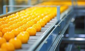 beschwingt Orangen auf ein Förderer Gürtel im ein Fabrik. erstellt durch ai Werkzeuge foto