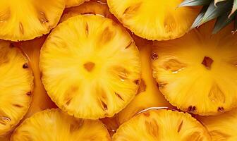 Nahansicht von golden saftig Ananas Scheiben. erstellt durch ai foto